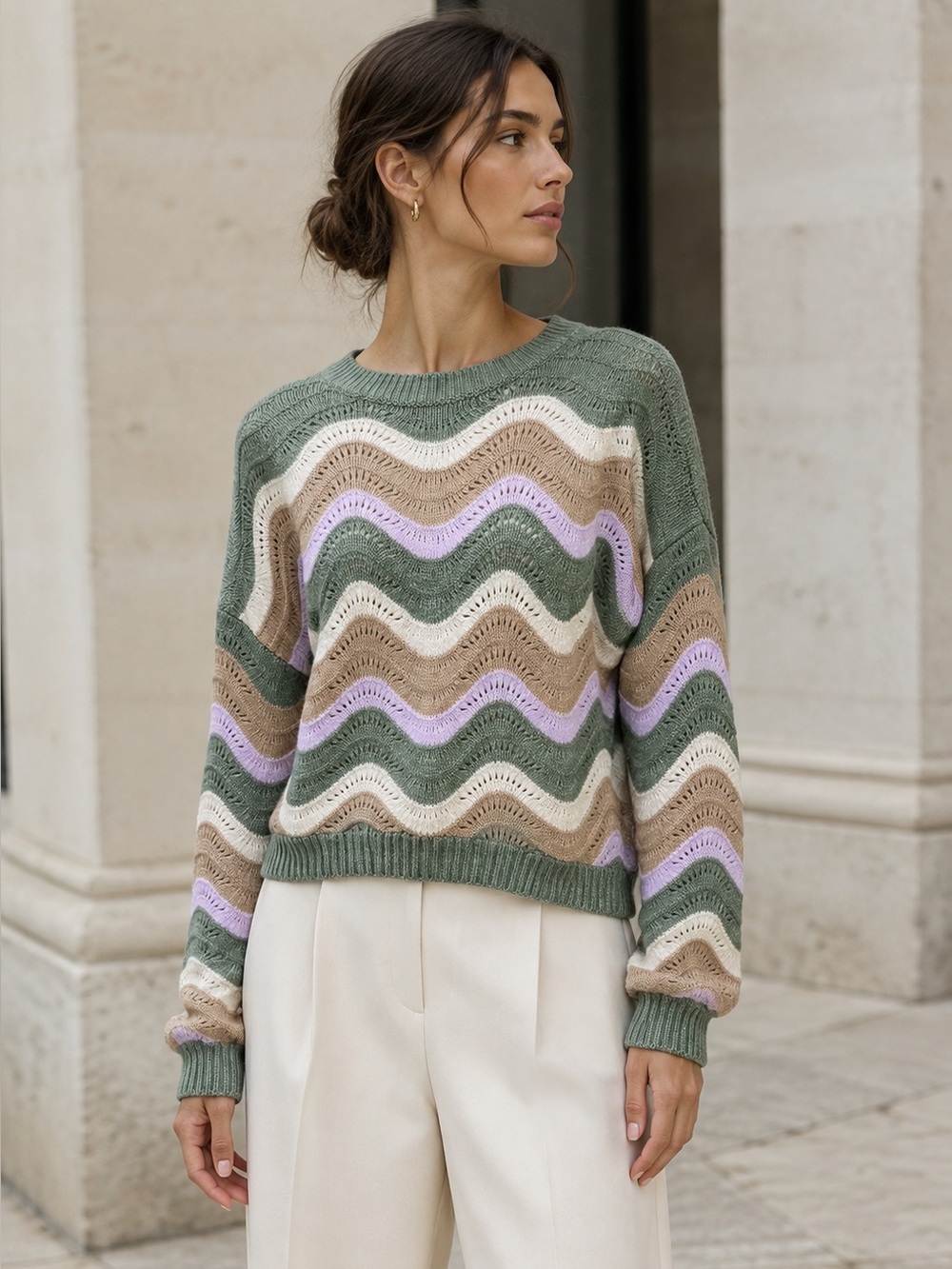 LOVE KNITS NYC Bohemian Textured Cream, Sage, and Lavender Chevron Sweater, 1X